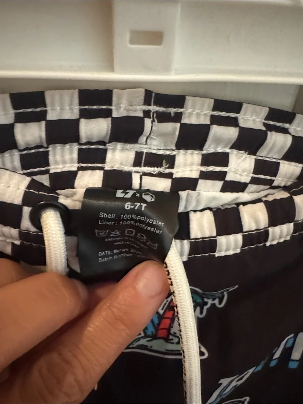 Black Checkerboard & Graphic Patch Kids Swim Trunks